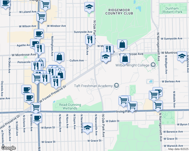 map of restaurants, bars, coffee shops, grocery stores, and more near 4220 North Oak Park Avenue in Chicago