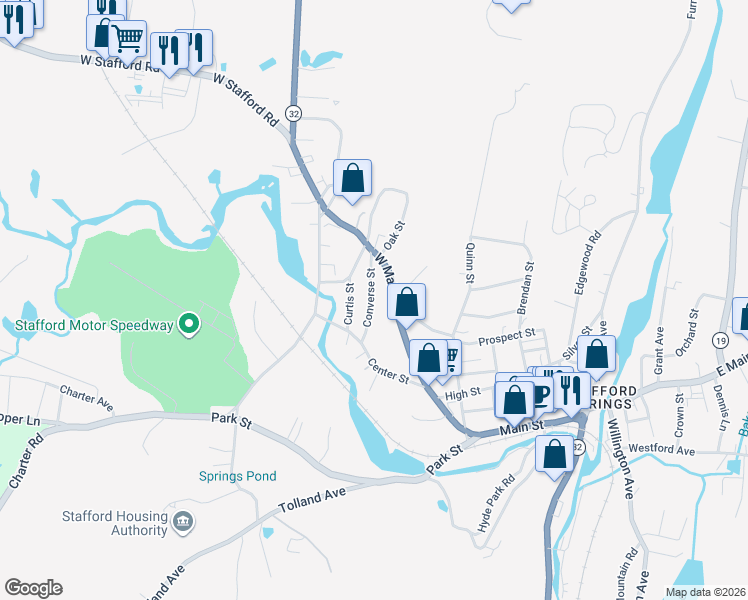 map of restaurants, bars, coffee shops, grocery stores, and more near 30 Converse Street in Stafford