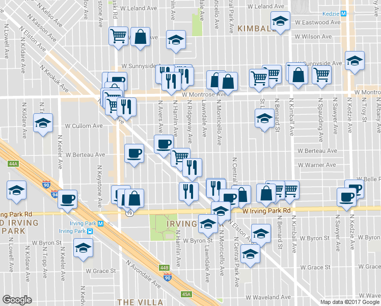 map of restaurants, bars, coffee shops, grocery stores, and more near West Berteau Avenue & North Ridgeway Avenue in Chicago
