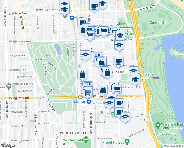 map of restaurants, bars, coffee shops, grocery stores, and more near 4151 North Sheridan Road in Chicago