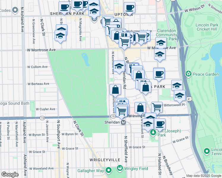 map of restaurants, bars, coffee shops, grocery stores, and more near 4154 North Kenmore Avenue in Chicago