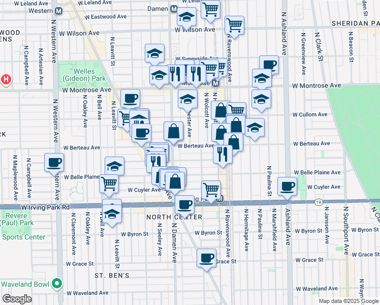 map of restaurants, bars, coffee shops, grocery stores, and more near 1926 West Berteau Avenue in Chicago