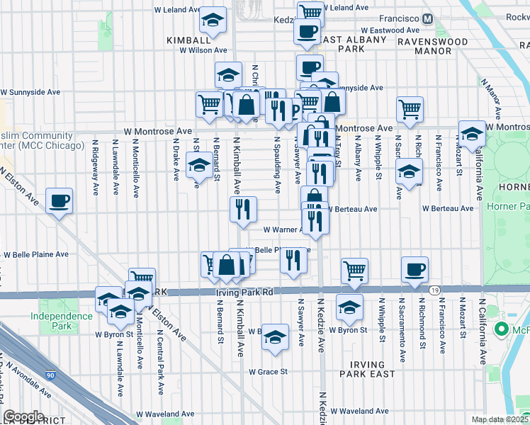 map of restaurants, bars, coffee shops, grocery stores, and more near 3309 West Hutchinson Street in Chicago