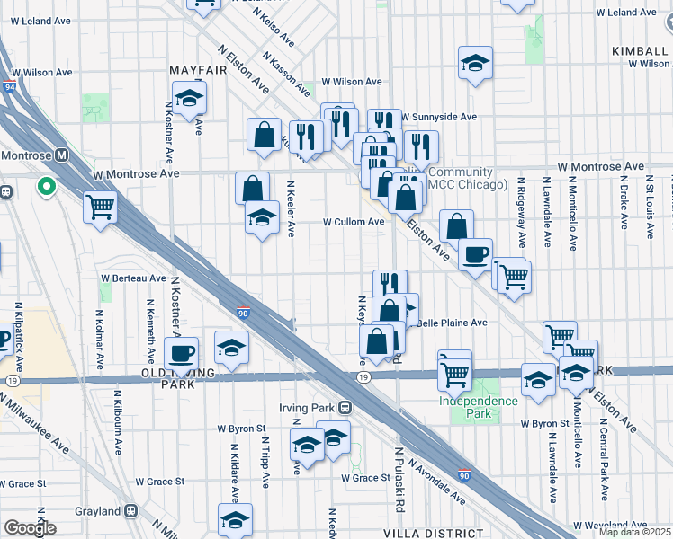 map of restaurants, bars, coffee shops, grocery stores, and more near 4221 North Kedvale Avenue in Chicago