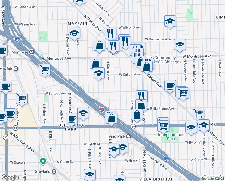map of restaurants, bars, coffee shops, grocery stores, and more near 4221 North Keeler Avenue in Chicago