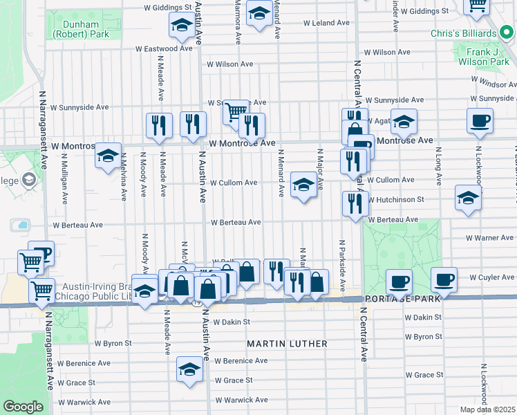 map of restaurants, bars, coffee shops, grocery stores, and more near 4241 North Marmora Avenue in Chicago