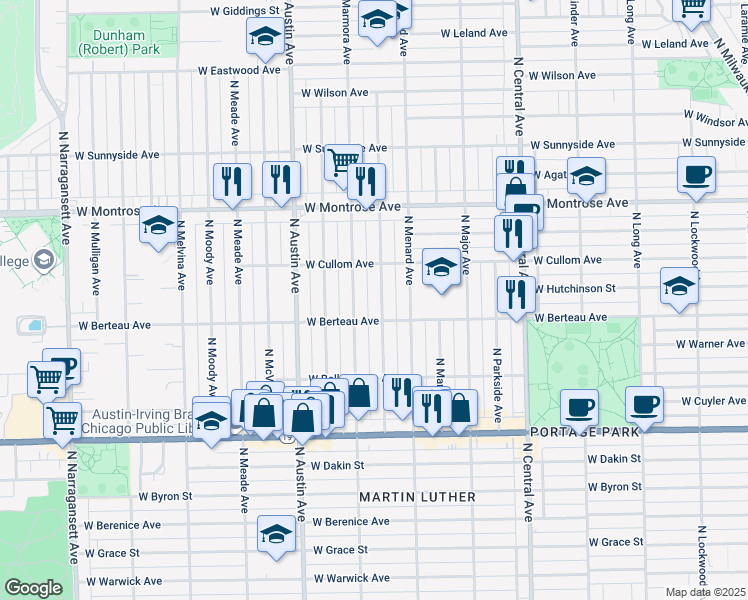 map of restaurants, bars, coffee shops, grocery stores, and more near 4241 North Marmora Avenue in Chicago