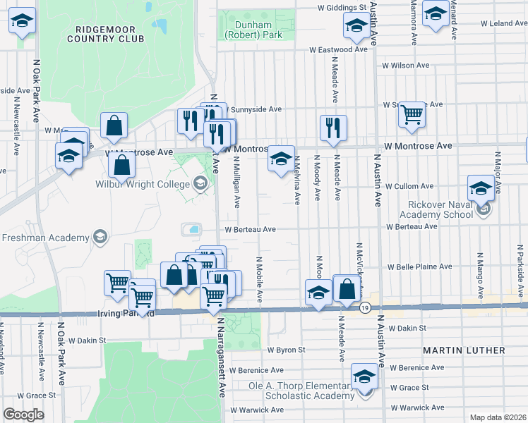 map of restaurants, bars, coffee shops, grocery stores, and more near 4248 North Mobile Avenue in Chicago