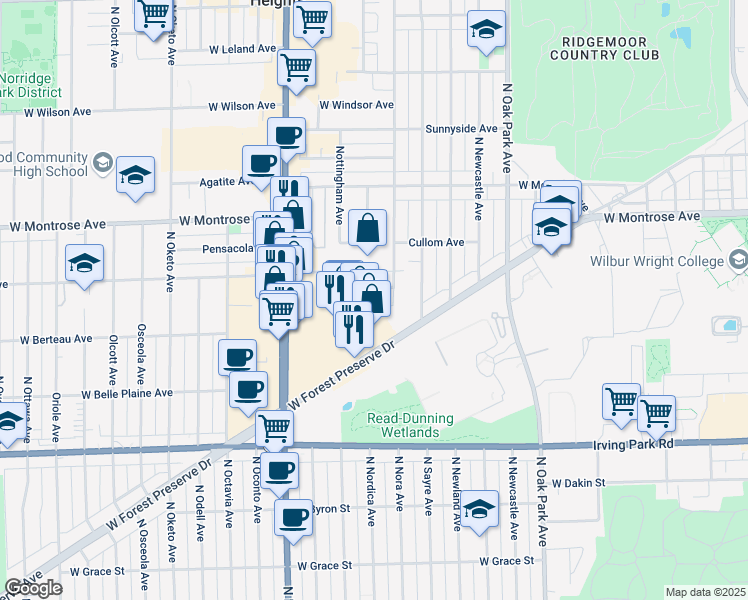 map of restaurants, bars, coffee shops, grocery stores, and more near 7020 W Cullom Ave in Norridge