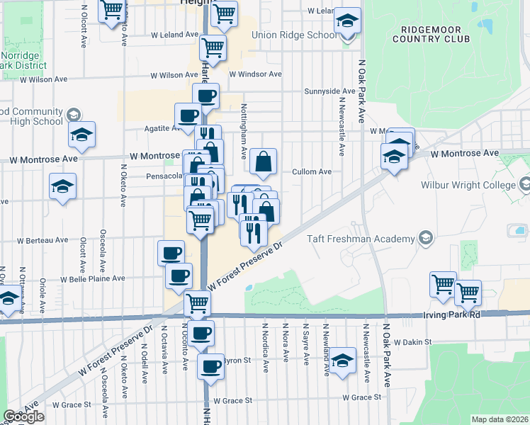 map of restaurants, bars, coffee shops, grocery stores, and more near 7020 W Cullom Ave in Norridge