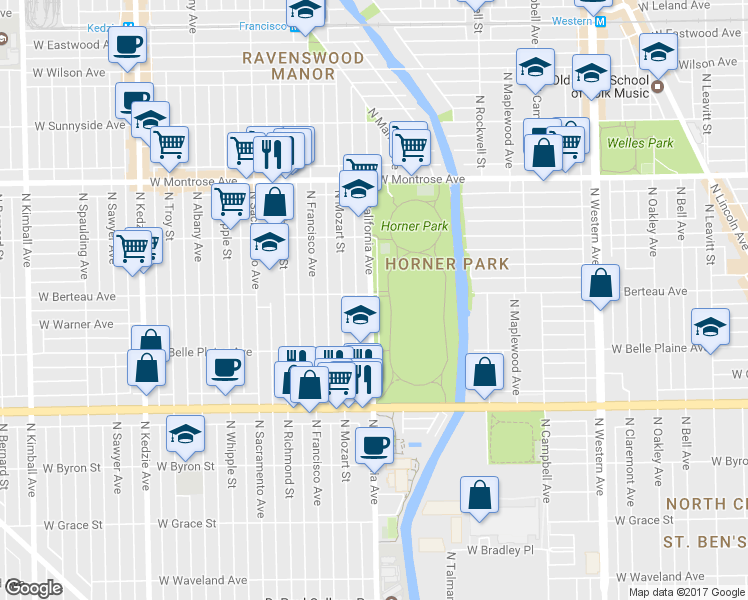 map of restaurants, bars, coffee shops, grocery stores, and more near 4245 North California Avenue in Chicago