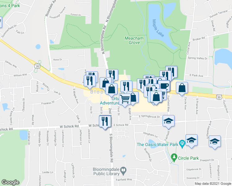 map of restaurants, bars, coffee shops, grocery stores, and more near 108 East Lake Street in Bloomingdale