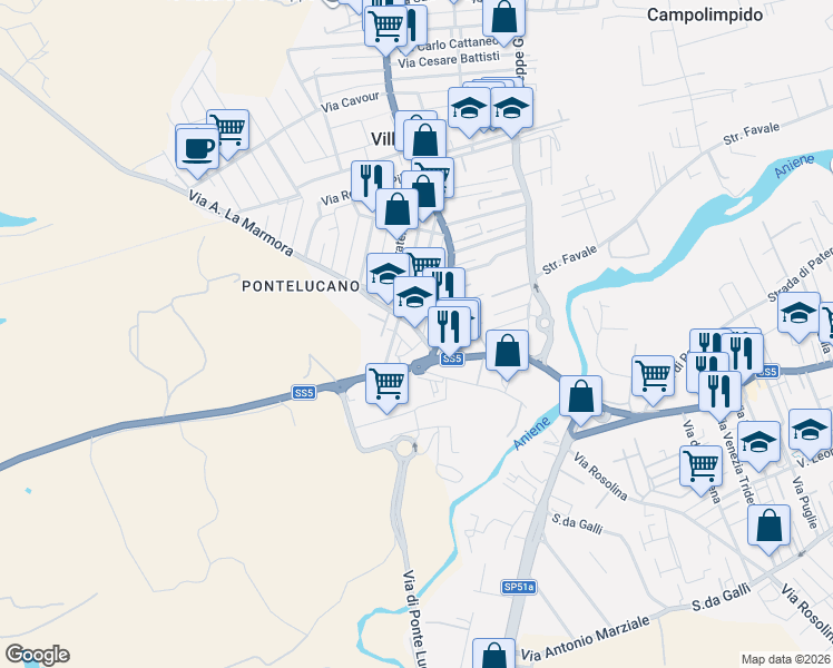 map of restaurants, bars, coffee shops, grocery stores, and more near 14 Via Luciano Manara in Villanova