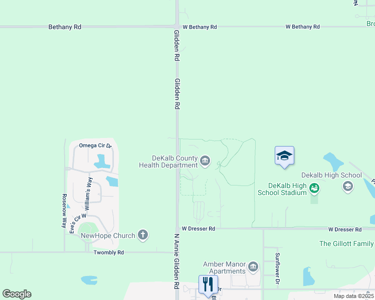 map of restaurants, bars, coffee shops, grocery stores, and more near 2626 North Annie Glidden Road in DeKalb