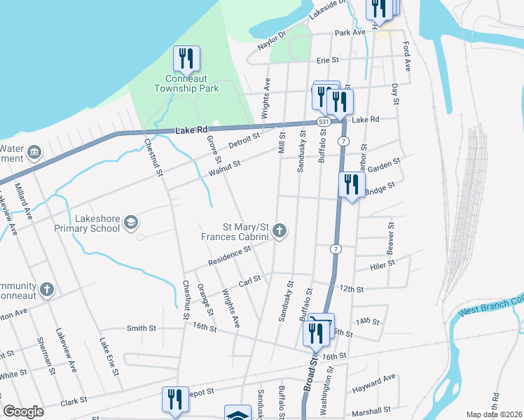 map of restaurants, bars, coffee shops, grocery stores, and more near 805 Mill Street in Conneaut