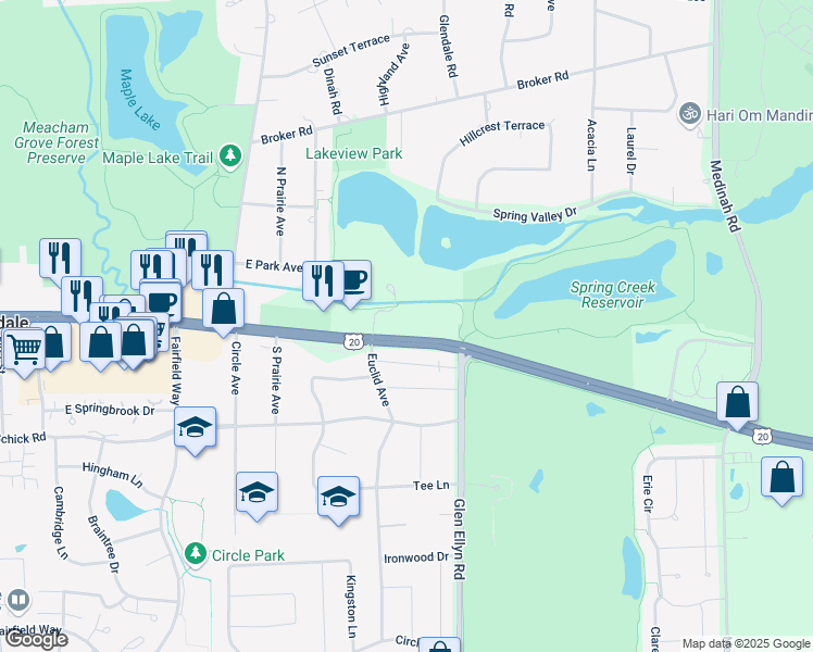 map of restaurants, bars, coffee shops, grocery stores, and more near 255 East Lake Street in Bloomingdale