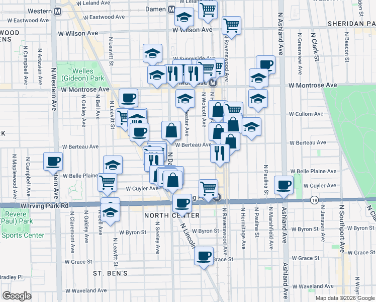 map of restaurants, bars, coffee shops, grocery stores, and more near 1926 West Berteau Avenue in Chicago