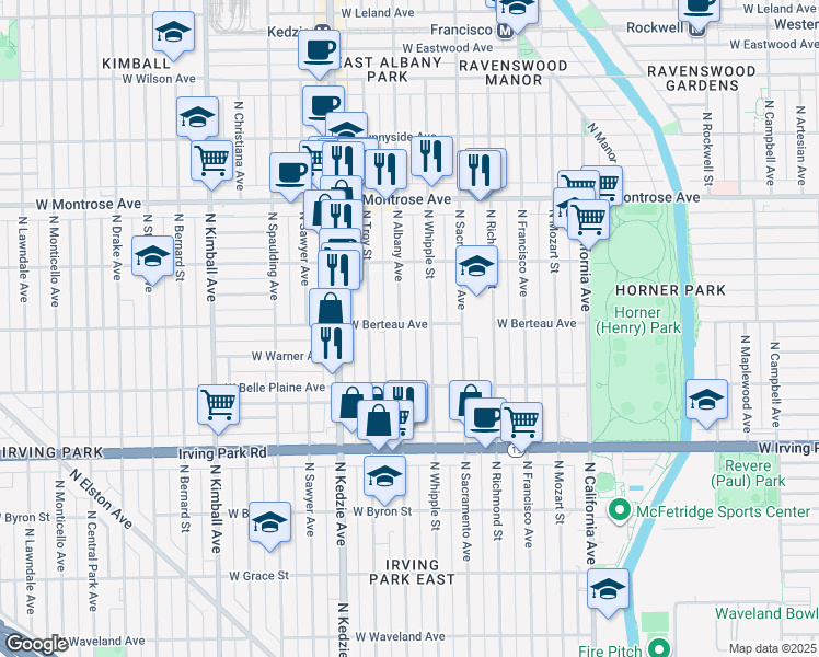 map of restaurants, bars, coffee shops, grocery stores, and more near 4212 North Whipple Street in Chicago