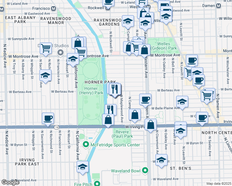 map of restaurants, bars, coffee shops, grocery stores, and more near 2530 West Berteau Avenue in Chicago