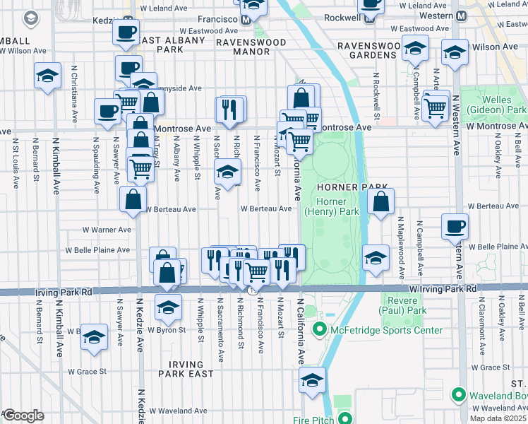map of restaurants, bars, coffee shops, grocery stores, and more near 4211 North Francisco Avenue in Chicago
