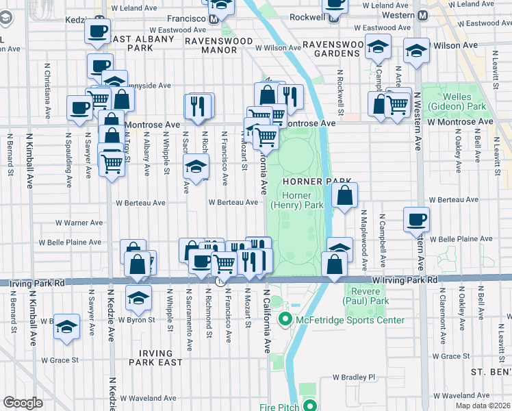 map of restaurants, bars, coffee shops, grocery stores, and more near 4215 North Mozart Street in Chicago
