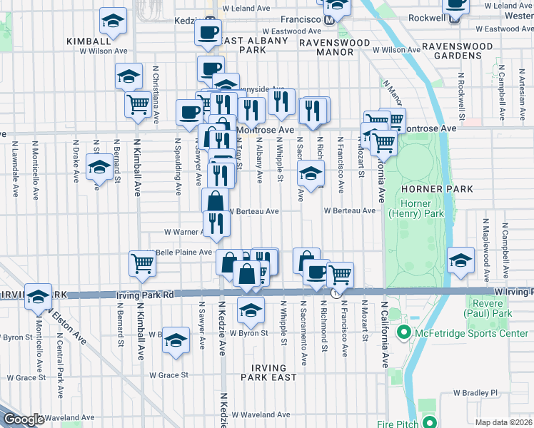 map of restaurants, bars, coffee shops, grocery stores, and more near 3049 West Berteau Avenue in Chicago