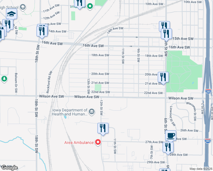 map of restaurants, bars, coffee shops, grocery stores, and more near 1200 21st Avenue Southwest in Cedar Rapids