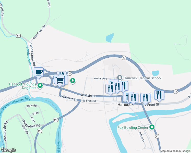 map of restaurants, bars, coffee shops, grocery stores, and more near 77 Vestal Avenue in Hancock