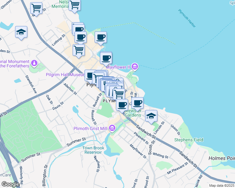 map of restaurants, bars, coffee shops, grocery stores, and more near 11 Brewster Street in Plymouth