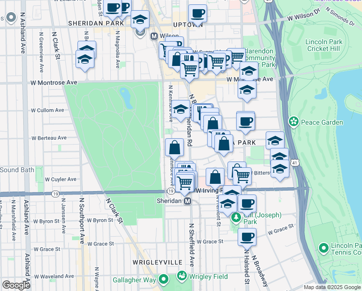 map of restaurants, bars, coffee shops, grocery stores, and more near 4128 North Sheridan Road in Chicago