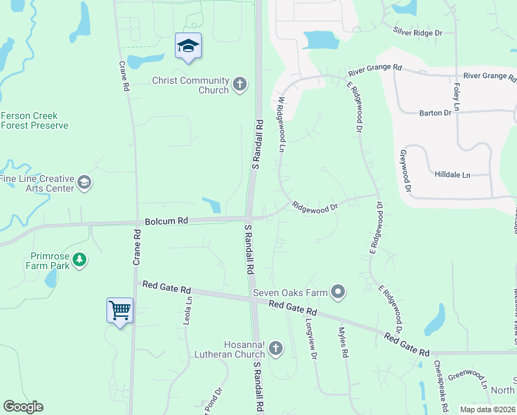 map of restaurants, bars, coffee shops, grocery stores, and more near 37W004 Ridgewood Drive in St. Charles