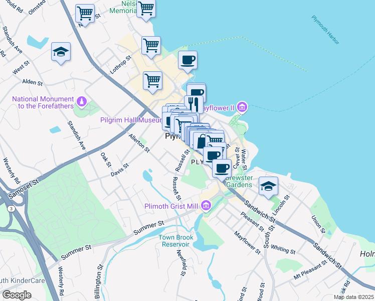map of restaurants, bars, coffee shops, grocery stores, and more near 2 Russell Street in Plymouth