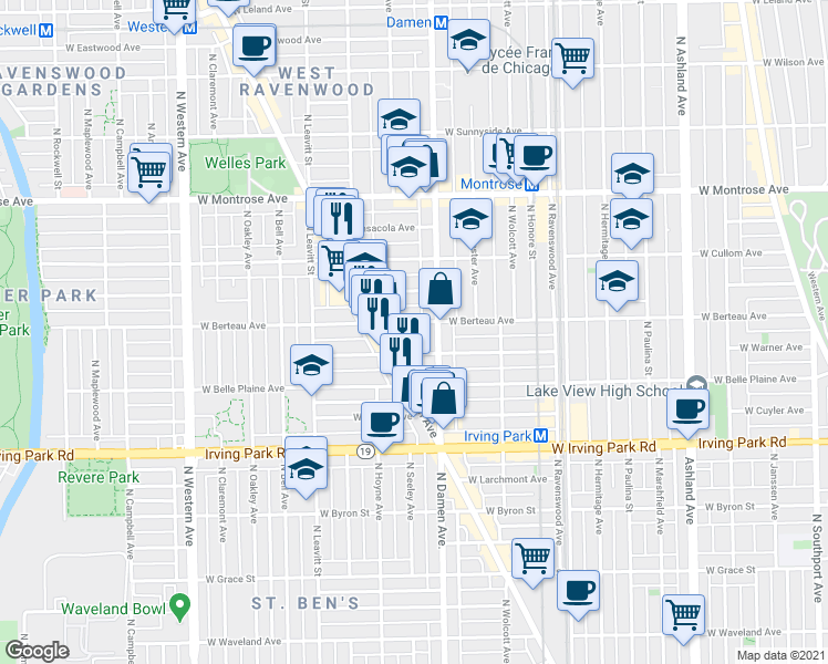 map of restaurants, bars, coffee shops, grocery stores, and more near 2014 West Berteau Avenue in Chicago