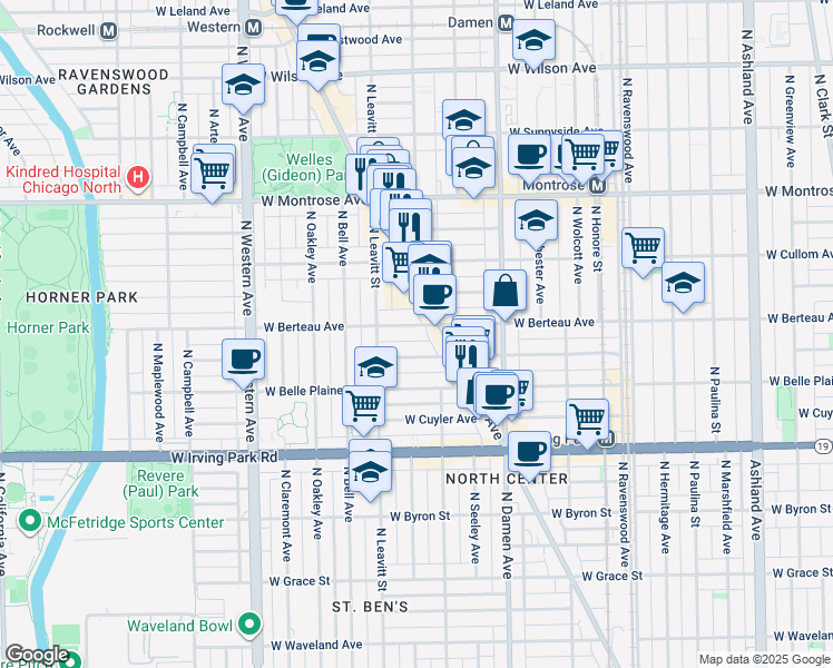 map of restaurants, bars, coffee shops, grocery stores, and more near 2128 West Berteau Avenue in Chicago