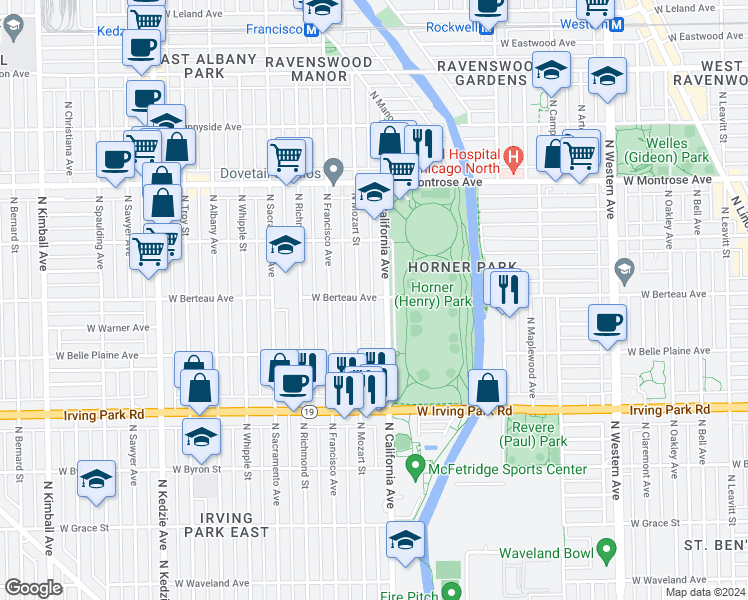 map of restaurants, bars, coffee shops, grocery stores, and more near 4215 North Mozart Street in Chicago
