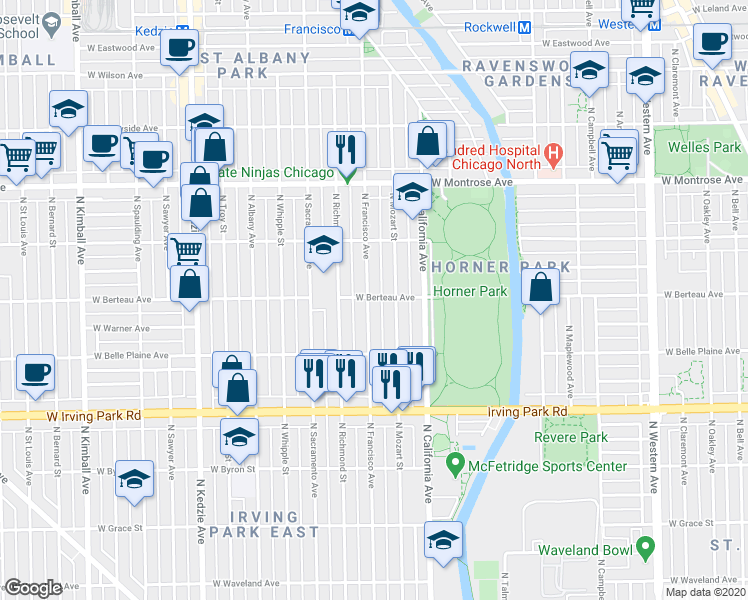 map of restaurants, bars, coffee shops, grocery stores, and more near 4211 North Francisco Avenue in Chicago