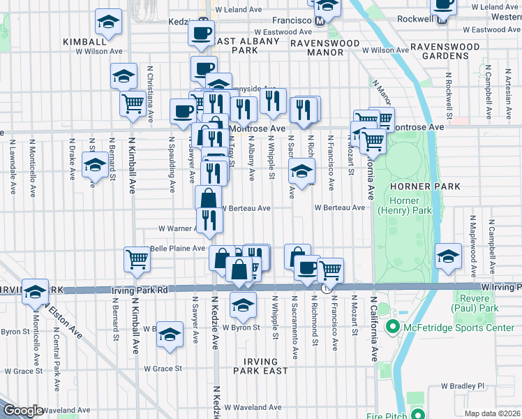 map of restaurants, bars, coffee shops, grocery stores, and more near 4212 North Whipple Street in Chicago