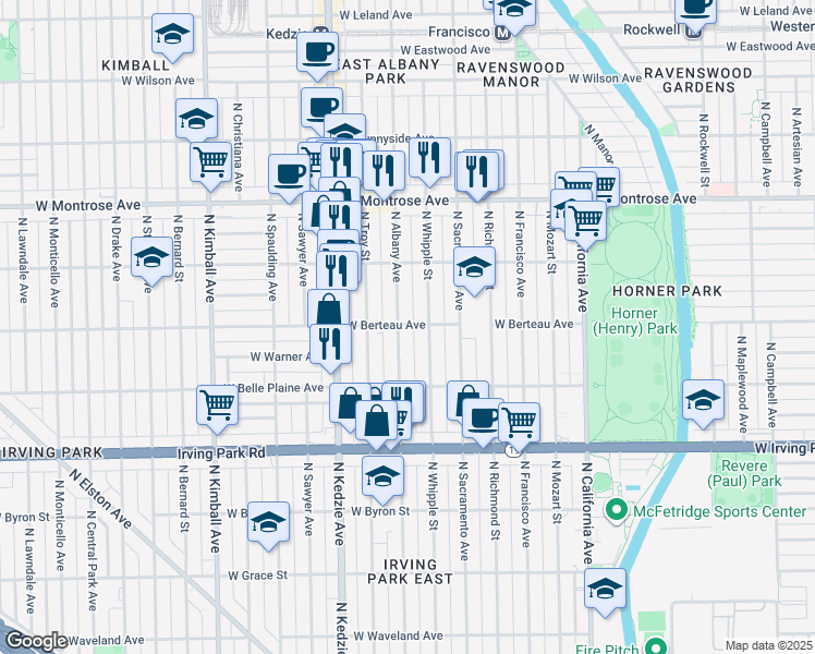 map of restaurants, bars, coffee shops, grocery stores, and more near 4212 North Whipple Street in Chicago
