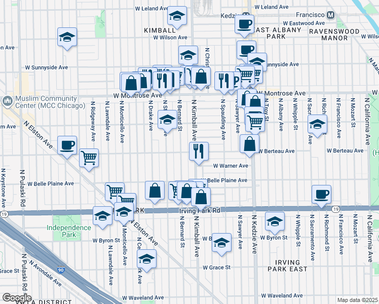 map of restaurants, bars, coffee shops, grocery stores, and more near 4215 North Bernard Street in Chicago