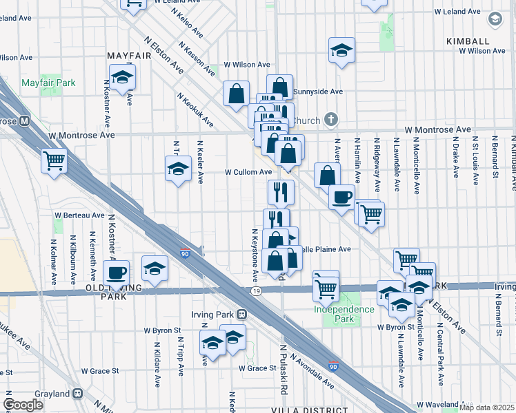 map of restaurants, bars, coffee shops, grocery stores, and more near 4219 North Keystone Avenue in Chicago