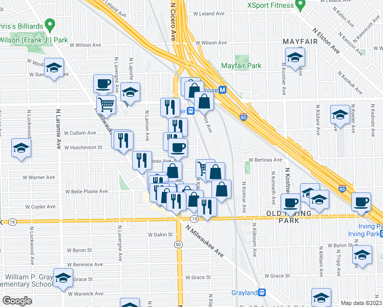 map of restaurants, bars, coffee shops, grocery stores, and more near 4227 North Kilpatrick Avenue in Chicago