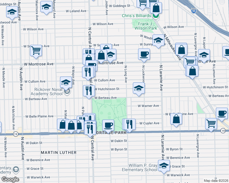 map of restaurants, bars, coffee shops, grocery stores, and more near 5434 West Hutchinson Street in Chicago
