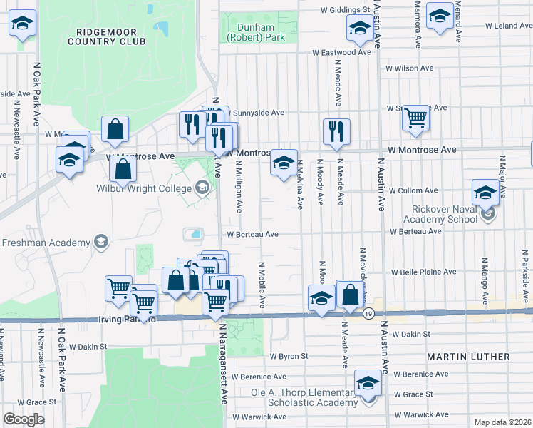 map of restaurants, bars, coffee shops, grocery stores, and more near 4248 North Mobile Avenue in Chicago