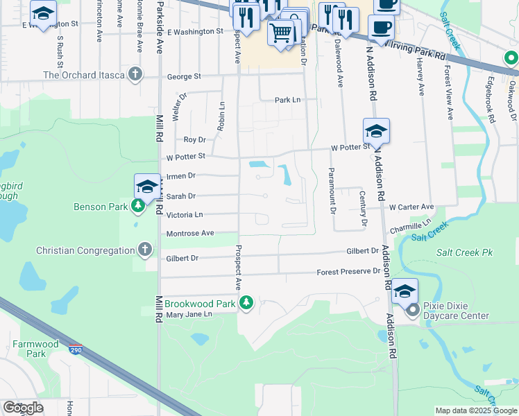 map of restaurants, bars, coffee shops, grocery stores, and more near 512 Sarah Court in Wood Dale