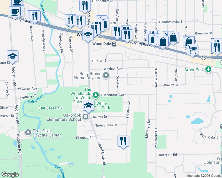 map of restaurants, bars, coffee shops, grocery stores, and more near 130 Oak Avenue in Wood Dale