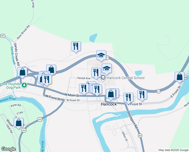 map of restaurants, bars, coffee shops, grocery stores, and more near 234 Yendes Street in Hancock