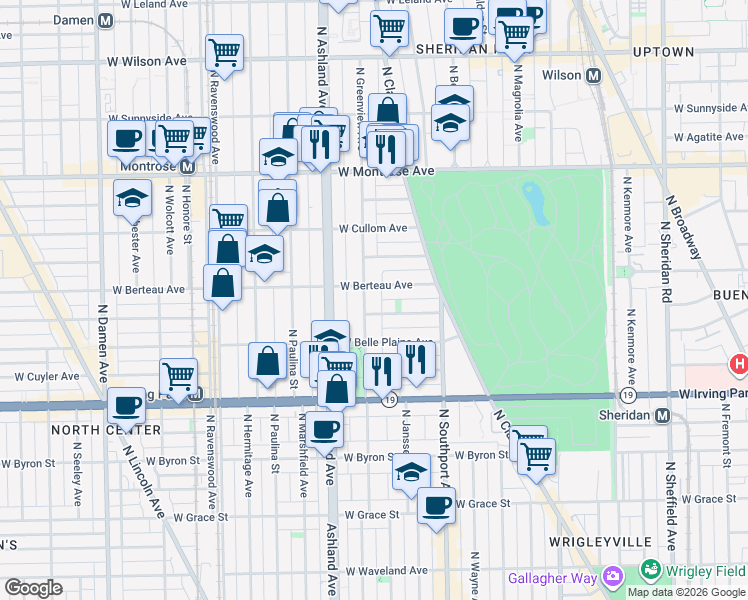 map of restaurants, bars, coffee shops, grocery stores, and more near 4159 North Greenview Avenue in Chicago