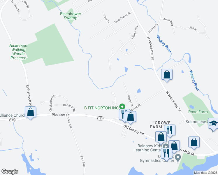 map of restaurants, bars, coffee shops, grocery stores, and more near 23 Precourt Lane in Norton
