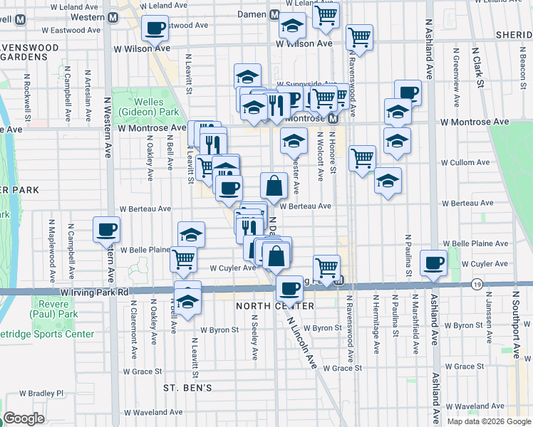 map of restaurants, bars, coffee shops, grocery stores, and more near 2014 West Berteau Avenue in Chicago