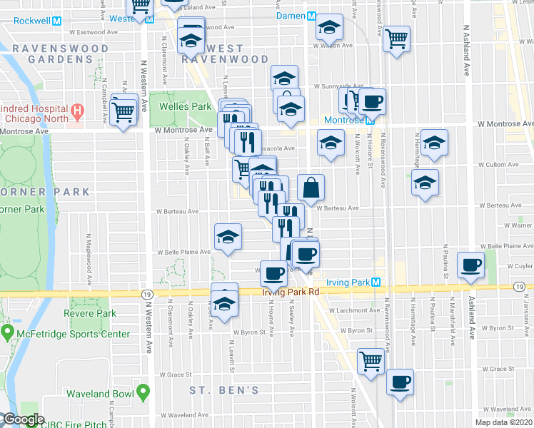 map of restaurants, bars, coffee shops, grocery stores, and more near 4164 North Lincoln Avenue in Chicago
